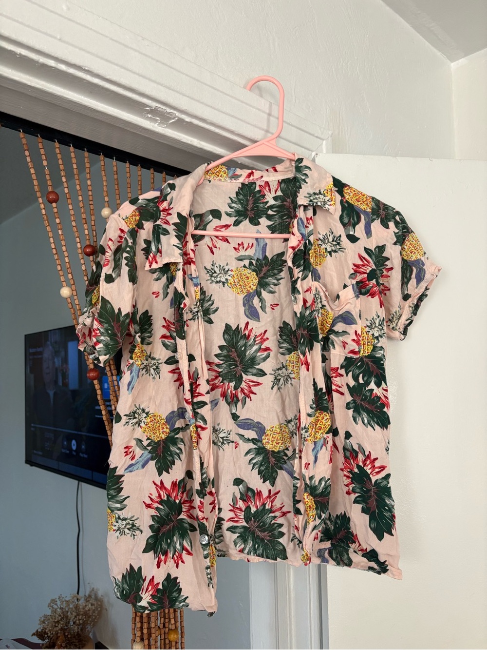 Tropical Pineapple Print Button-Up Shirt - Pink